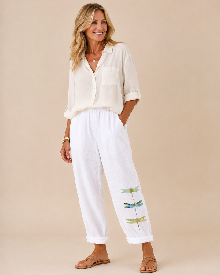 Elara | Pantaloni in lino con tasche e libellula