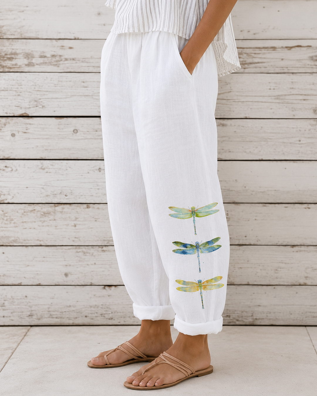 Elara | Pantaloni in lino con tasche e libellula
