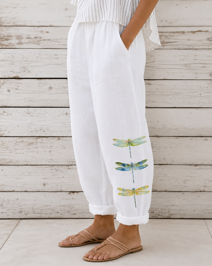 Elara | Pantaloni in lino con tasche e libellula